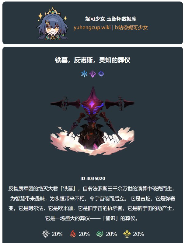 「铁 3.7」😋 BOSS：铁墓，反诺斯，灵知的葬仪#妮可少女 #星穹铁道homdgcat.wiki/sr/monster反物质军团的绝灭大君「铁墓」，自翁法罗斯三千余万世的演算中破壳而生，为智慧带来愚昧，为永恒带来不朽，令宇宙破而后立