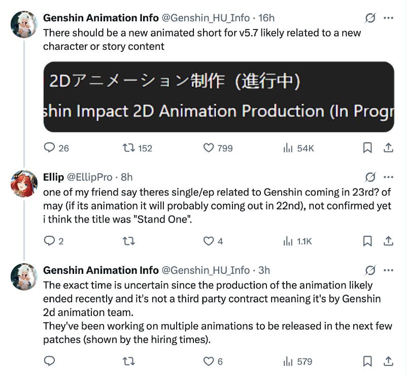 source #Genshin_HU_Info #Ellip近期可能的动画短片与音乐Genshin Animation Info5.7 版本应该会有一个关于新角色或剧情的动画短片.具体发布时间不详, 因为该动画可能在近期才完成了制作. 没有外包给第三方, 意味着这是由原神的2D动画团队制作的.根据招聘时间, 该团队近期在制作多个将在接下来几个版本公开的动画项目.原神2Dアニメーション制作 (進行中)Genshin Impact 2D Animation Production (In Progress)Ellip听说会有原神相关的单曲 / EP 在 5 月 22 或 23 号上线.标题: 《Stand One》
