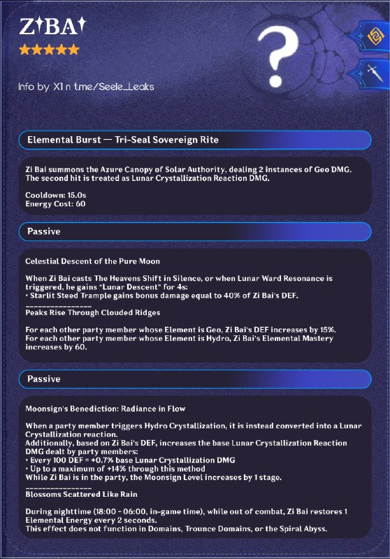 ［GI 6.3Beta］Zi Bai skill kit (EN)Thanks X1 for providing infoThanks t.me/hiragara_leaks for making pic［GI 6.3Beta］Zi Bai skill kit (EN)Thanks X1 for providing infoThanks t.me/hiragara_leaks for making pic