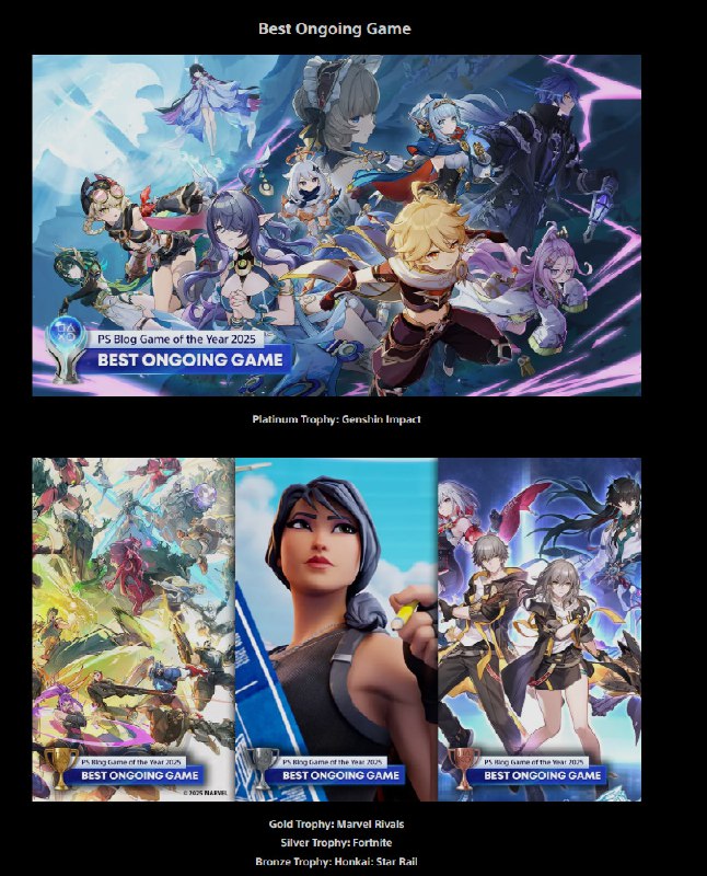 [GI HSR PS]原神获索尼PlayStation Blog 2025年度最佳持续运营游戏白金奖崩坏星穹铁道获索尼PlayStationBlog 2025年度最佳持续运营游戏铜奖