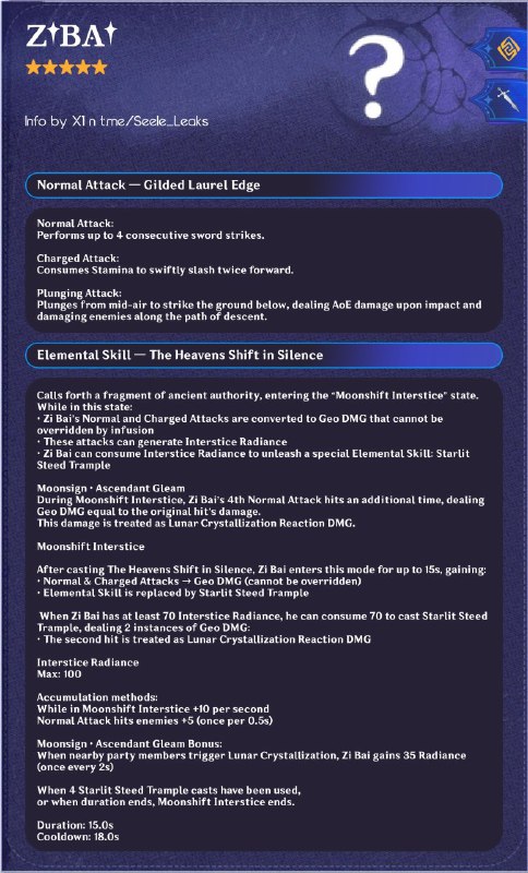 ［GI 6.3Beta］Zi Bai skill kit (EN)Thanks X1 for providing infoThanks t.me/hiragara_leaks for making pic［GI 6.3Beta］Zi Bai skill kit (EN)Thanks X1 for providing infoThanks t.me/hiragara_leaks for making pic