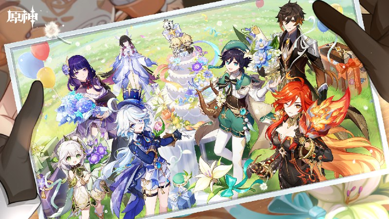 [GI]Genshin 5th anniversary 如果画片能够帮助人们穿梭时间，那么捧起它的人也能跨越时空，走过铺满鲜花的草地，迎着送来那束花的风，回到宴会最热烈的那一刻